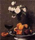 Glass Canvas Paintings - Still Life with Roses Fruit and a Glass of Wine